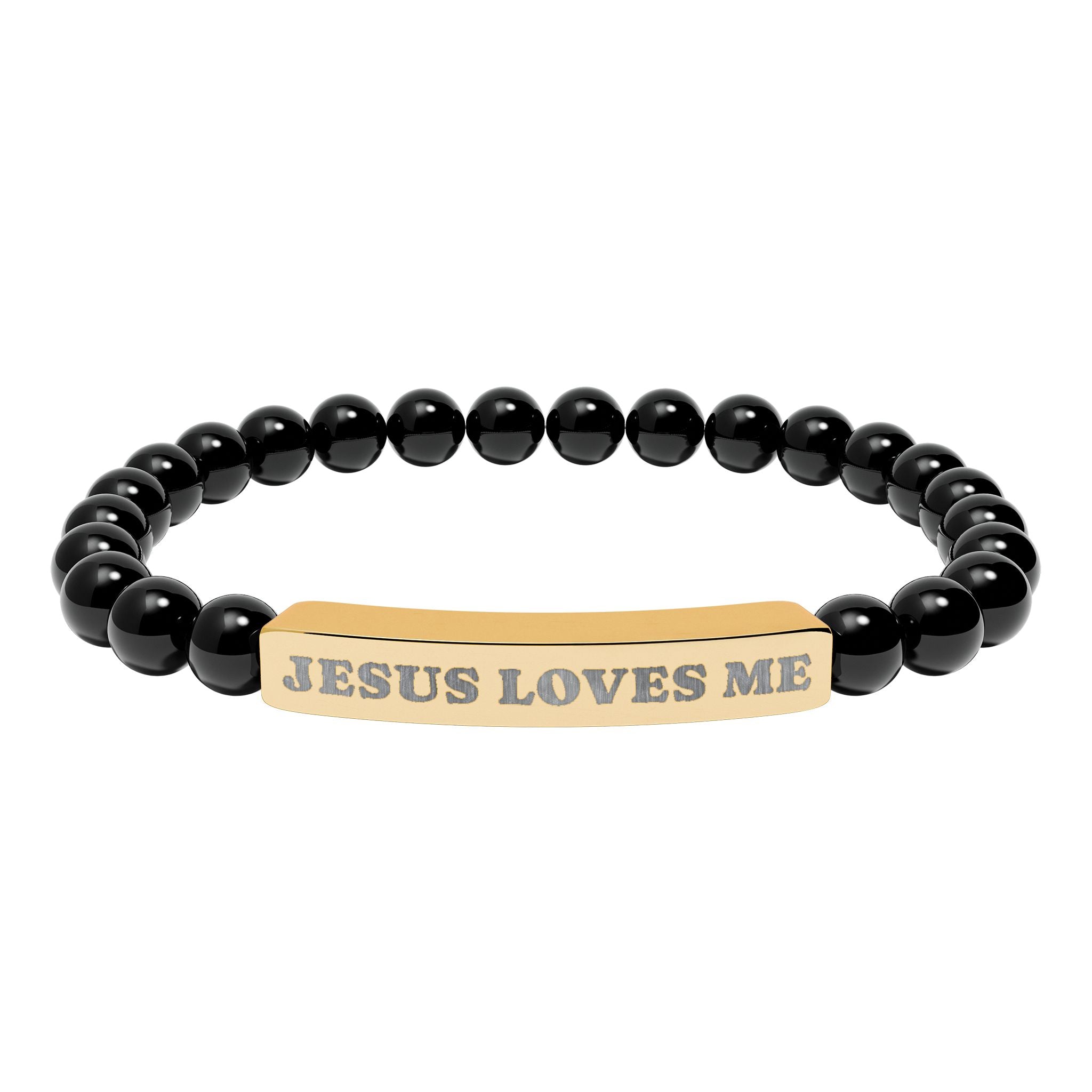 “Jesus Loves Me” Engraved Bracelet – Semi-Precious Stone - Stainless Steel Bar, 18K Gold PVD Coating