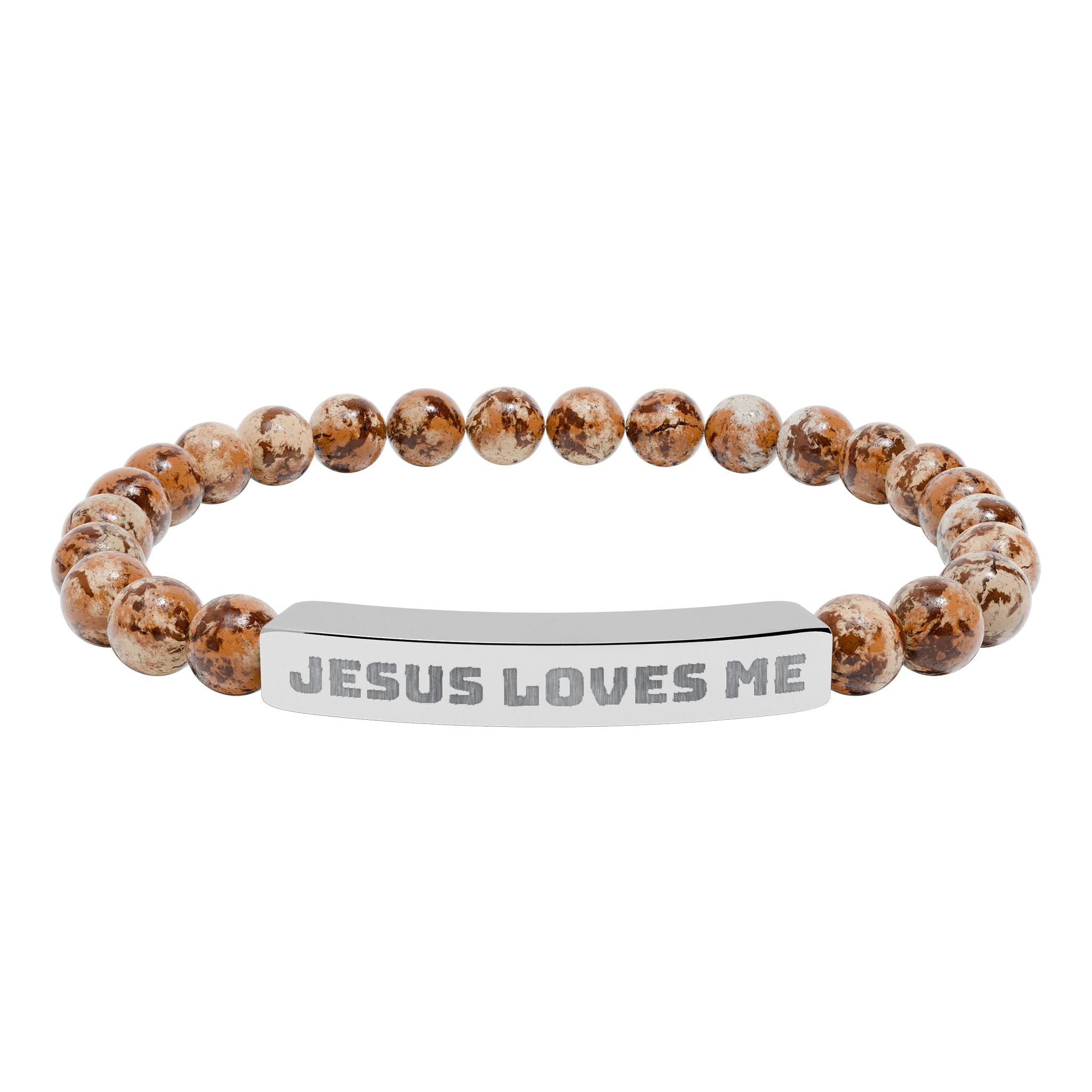 “Jesus Loves Me” Engraved Bracelet – Semi-Precious Stone - Stainless Steel Bar, No Coating