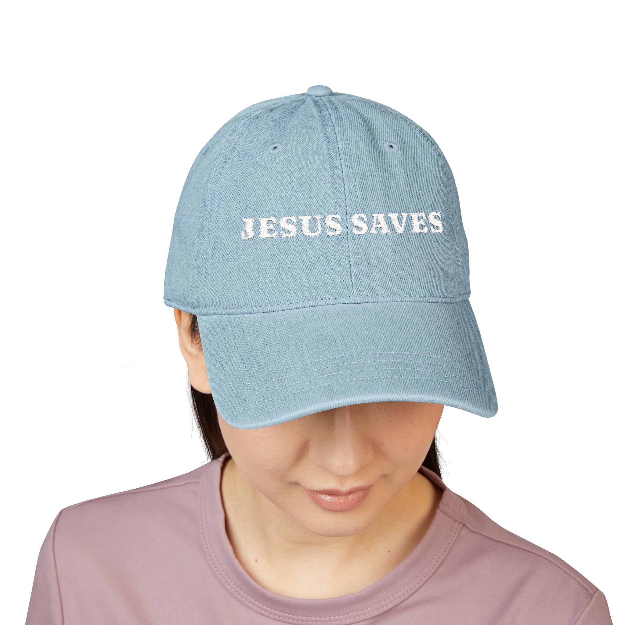 “Jesus Saves” Denim Hat – Hand-Embroidered Faith Design, Two Wash Options