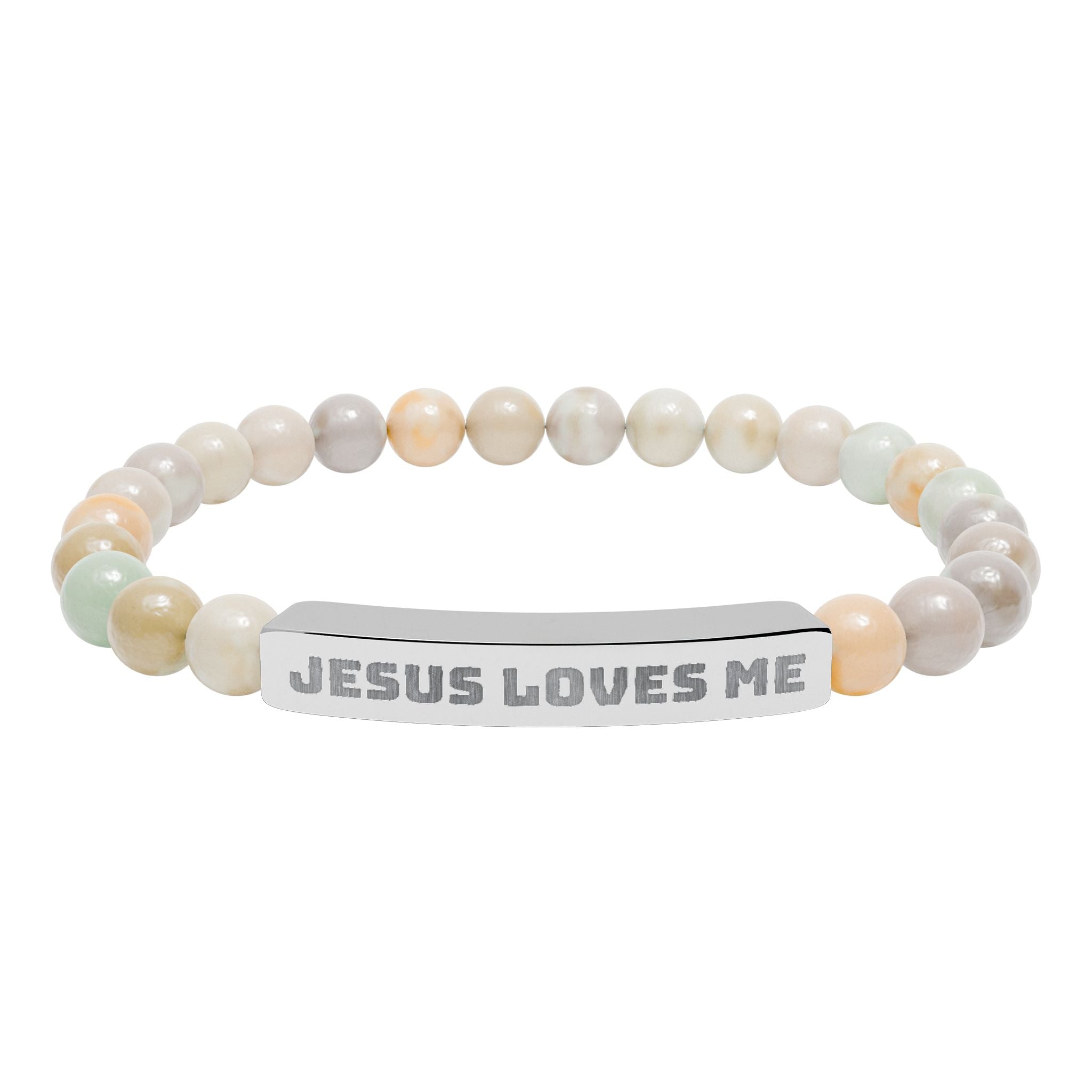 “Jesus Loves Me” Engraved Bracelet – Semi-Precious Stone - Stainless Steel Bar, No Coating