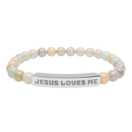 “Jesus Loves Me” Engraved Bracelet – Semi-Precious Stone - Stainless Steel Bar, No Coating
