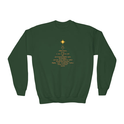 Youth “Isaiah 9:6 Christmas Tree” Sweatshirt – Scripture-Inspired Holiday Comfort, 3 Colors