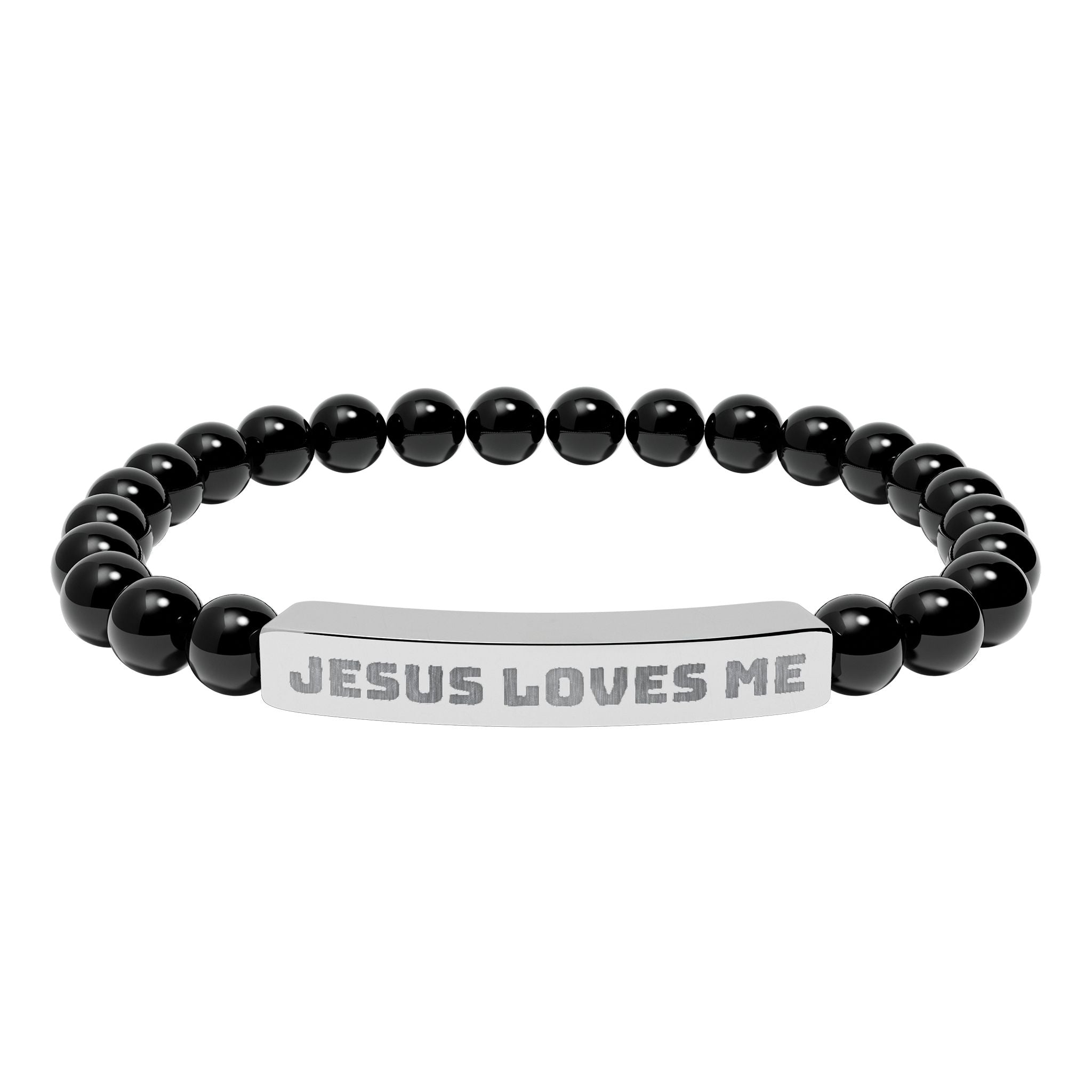 “Jesus Loves Me” Engraved Bracelet – Semi-Precious Stone - Stainless Steel Bar, No Coating