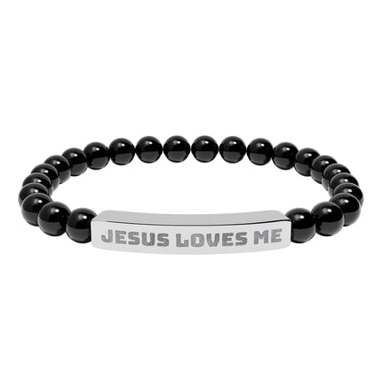 “Jesus Loves Me” Engraved Bracelet – Semi-Precious Stone - Stainless Steel Bar, No Coating