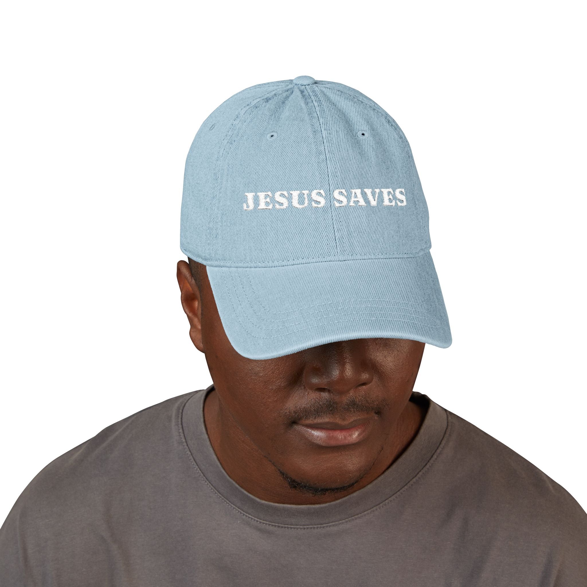 “Jesus Saves” Denim Hat – Hand-Embroidered Faith Design, Two Wash Options