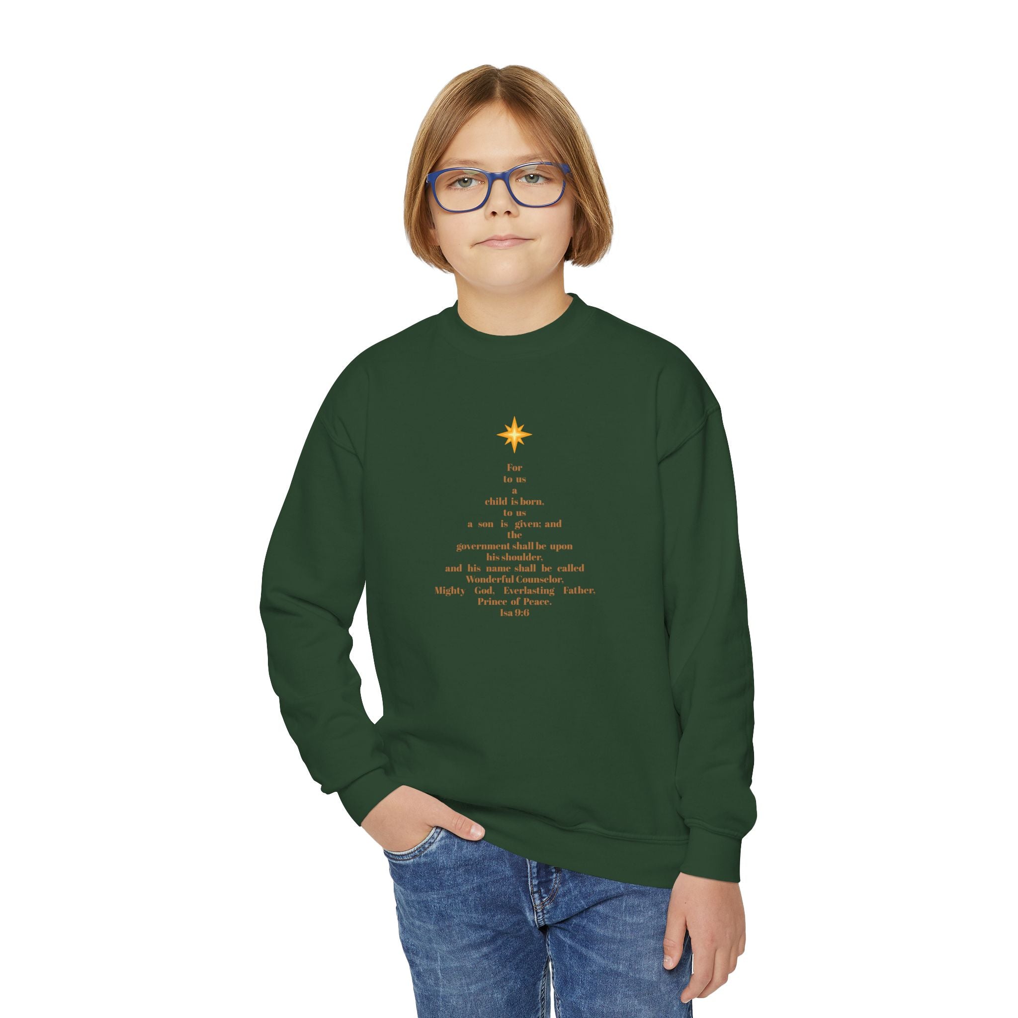 Youth “Isaiah 9:6 Christmas Tree” Sweatshirt – Scripture-Inspired Holiday Comfort, 3 Colors