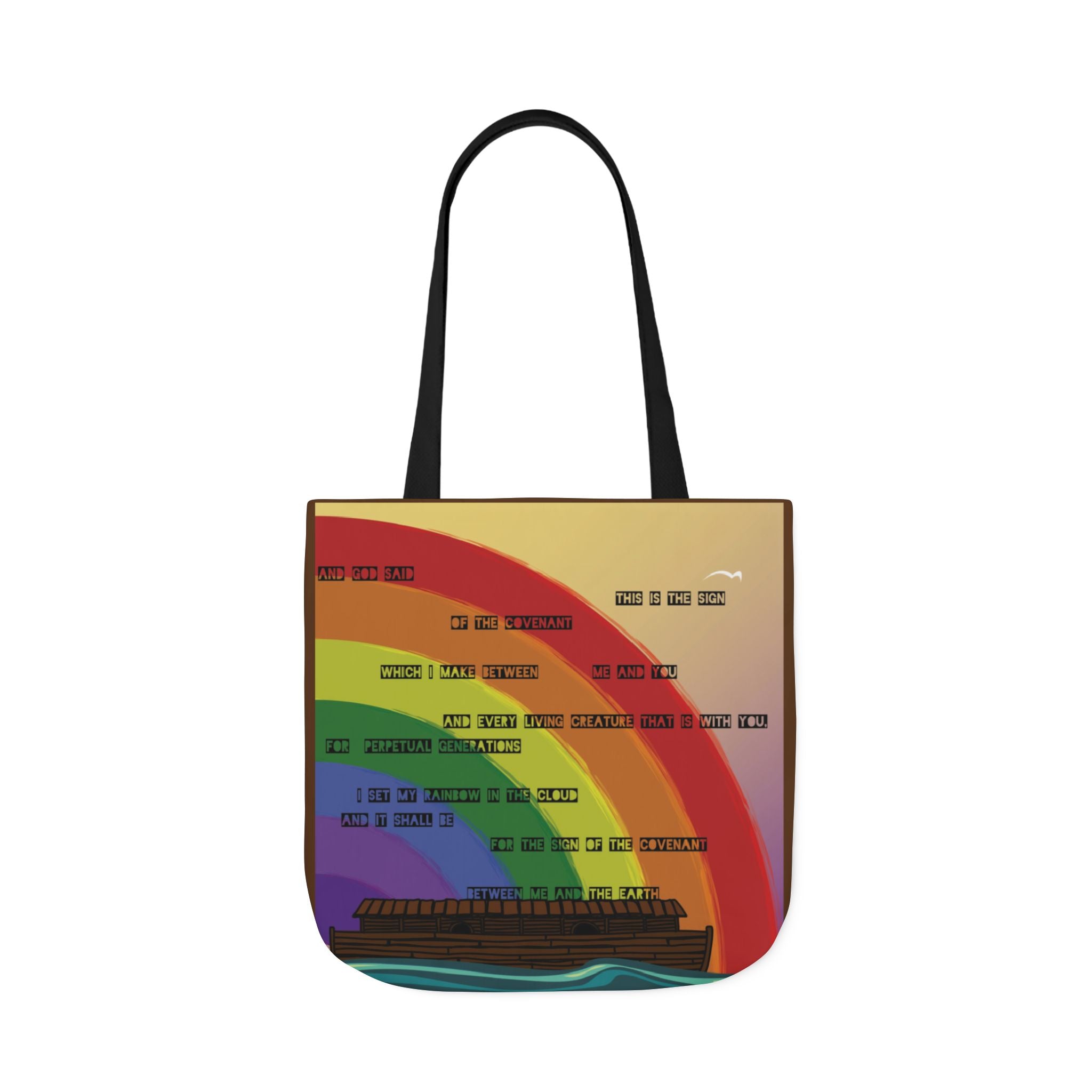 Bold Rainbow Tote Bag – Hand-Drawn Noah’s Ark and Genesis Design