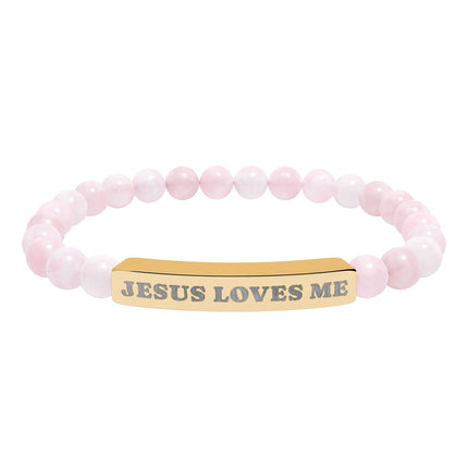 “Jesus Loves Me” Engraved Bracelet – Semi-Precious Stone - Stainless Steel Bar, 18K Gold PVD Coating