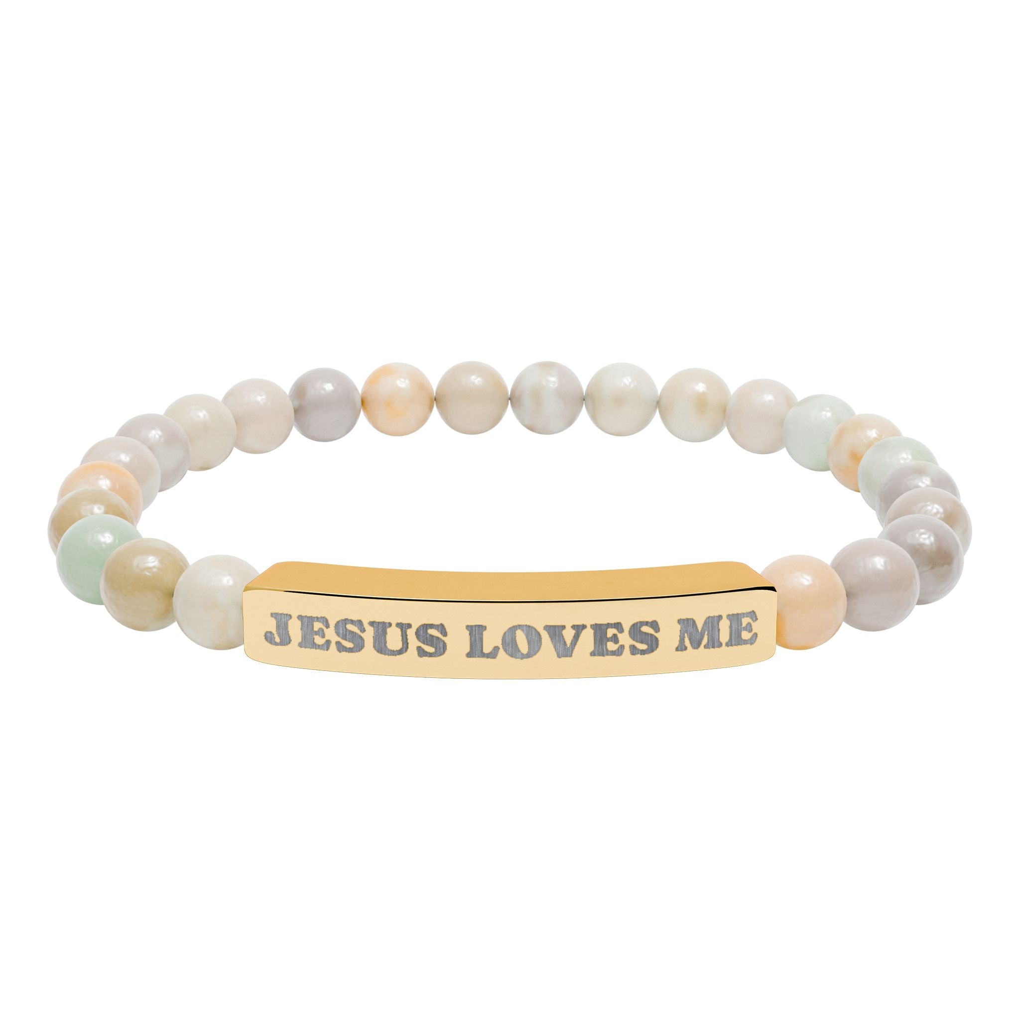 “Jesus Loves Me” Engraved Bracelet – Semi-Precious Stone - Stainless Steel Bar, 18K Gold PVD Coating
