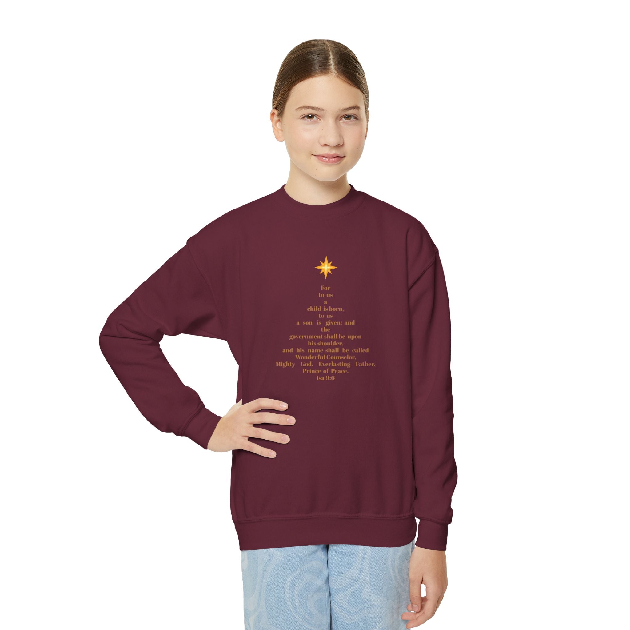 Youth “Isaiah 9:6 Christmas Tree” Sweatshirt – Scripture-Inspired Holiday Comfort, 3 Colors