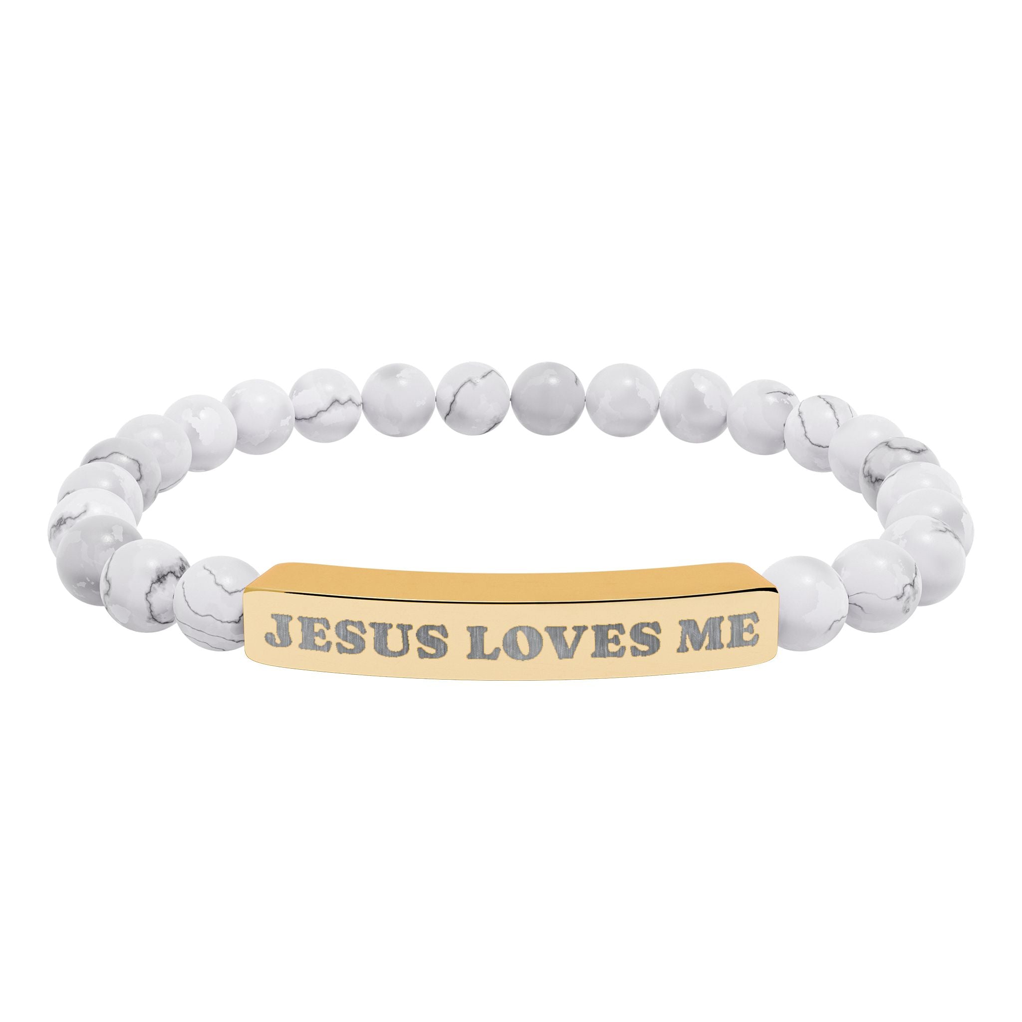 “Jesus Loves Me” Engraved Bracelet – Semi-Precious Stone - Stainless Steel Bar, 18K Gold PVD Coating