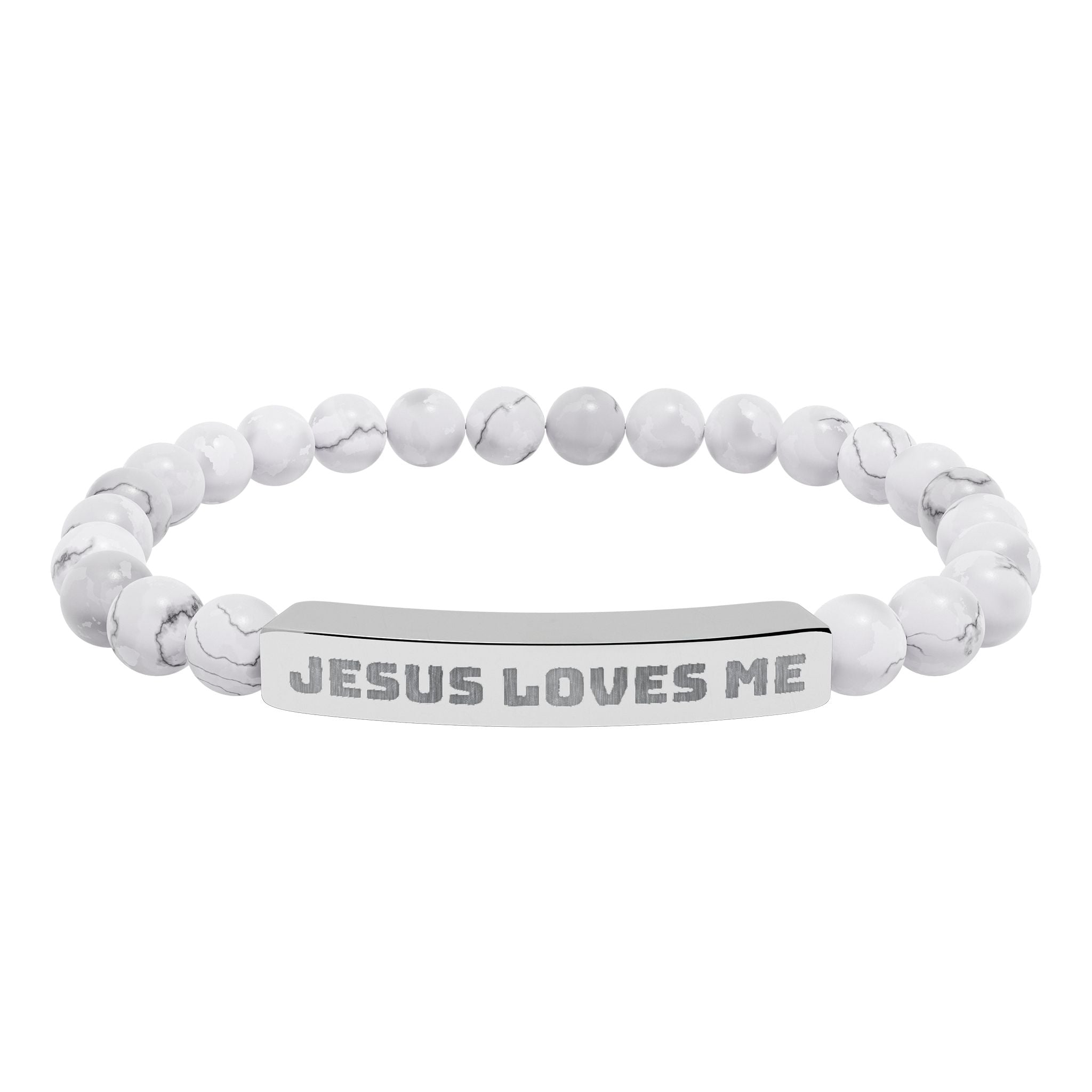 “Jesus Loves Me” Engraved Bracelet – Semi-Precious Stone - Stainless Steel Bar, No Coating