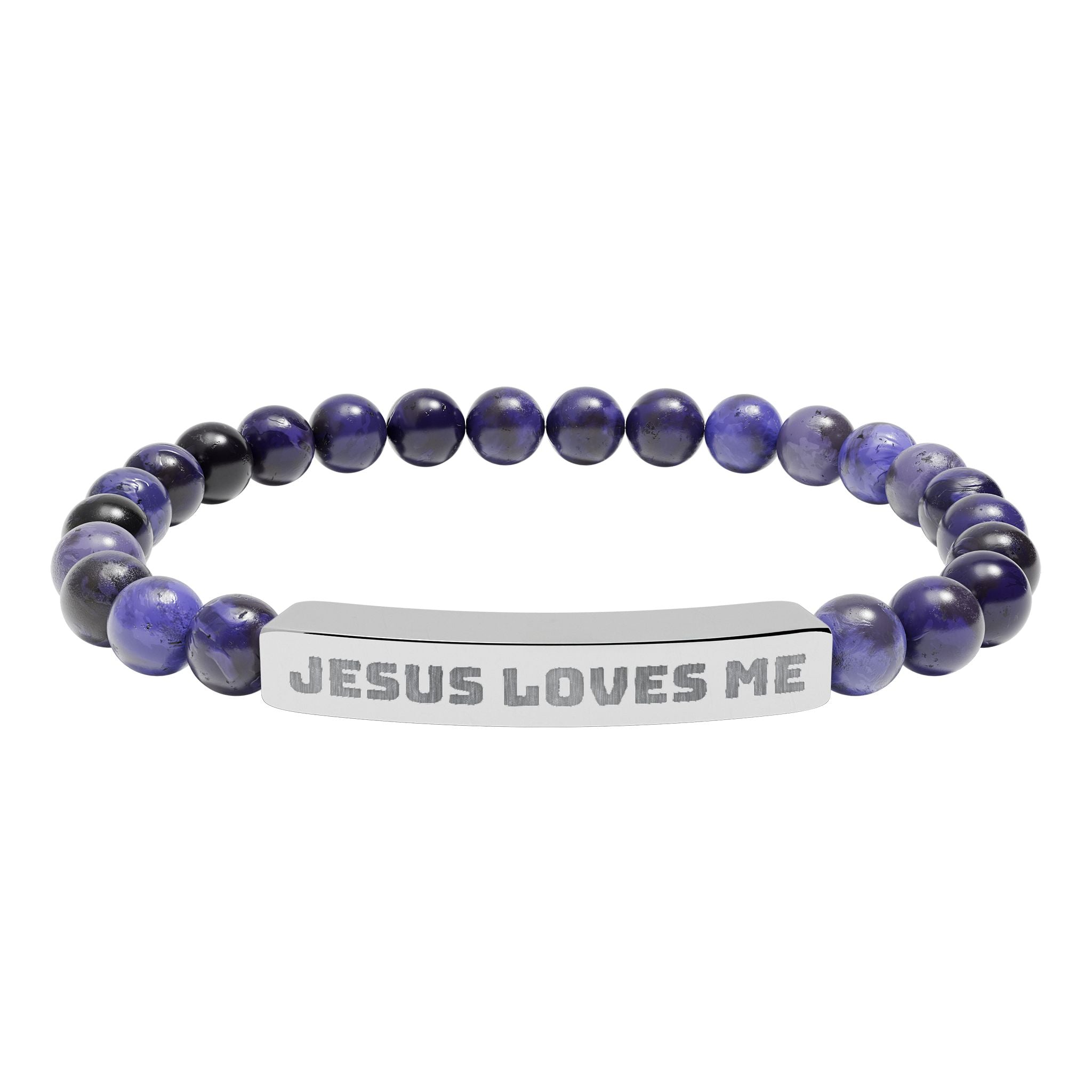 “Jesus Loves Me” Engraved Bracelet – Semi-Precious Stone - Stainless Steel Bar, No Coating
