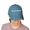 “Jesus Saves” Denim Hat – Hand-Embroidered Faith Design, Two Wash Options