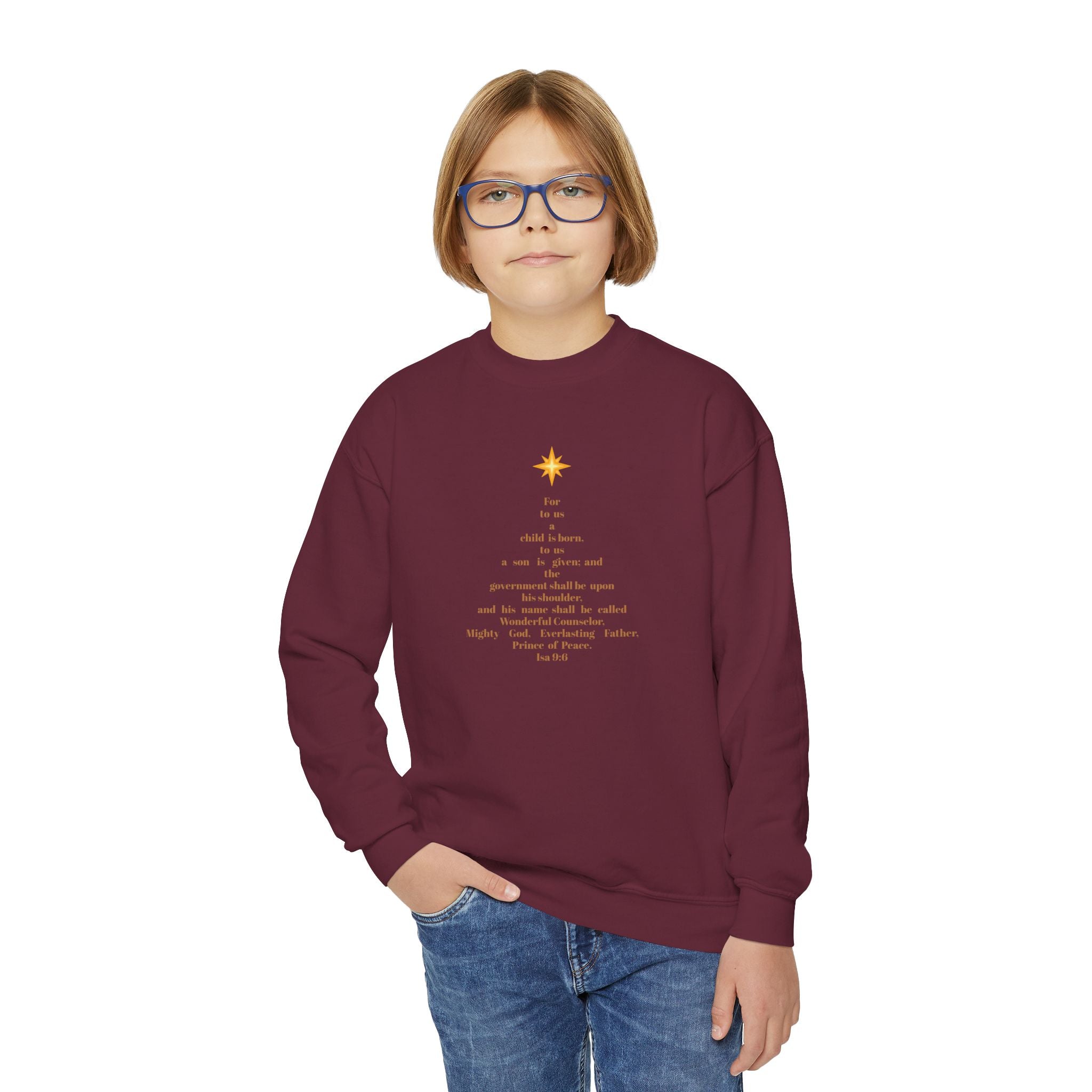 Youth “Isaiah 9:6 Christmas Tree” Sweatshirt – Scripture-Inspired Holiday Comfort, 3 Colors