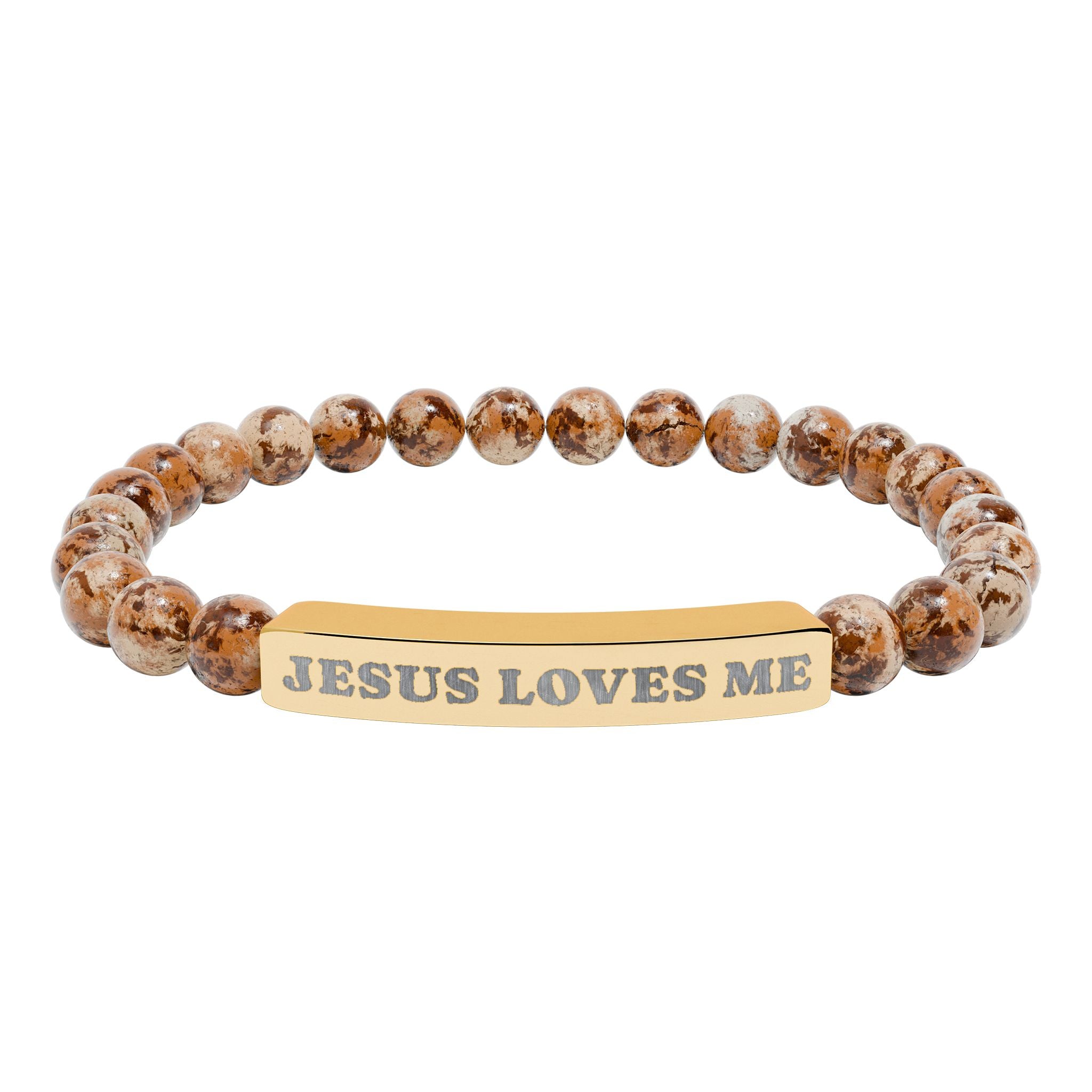 “Jesus Loves Me” Engraved Bracelet – Semi-Precious Stone - Stainless Steel Bar, 18K Gold PVD Coating