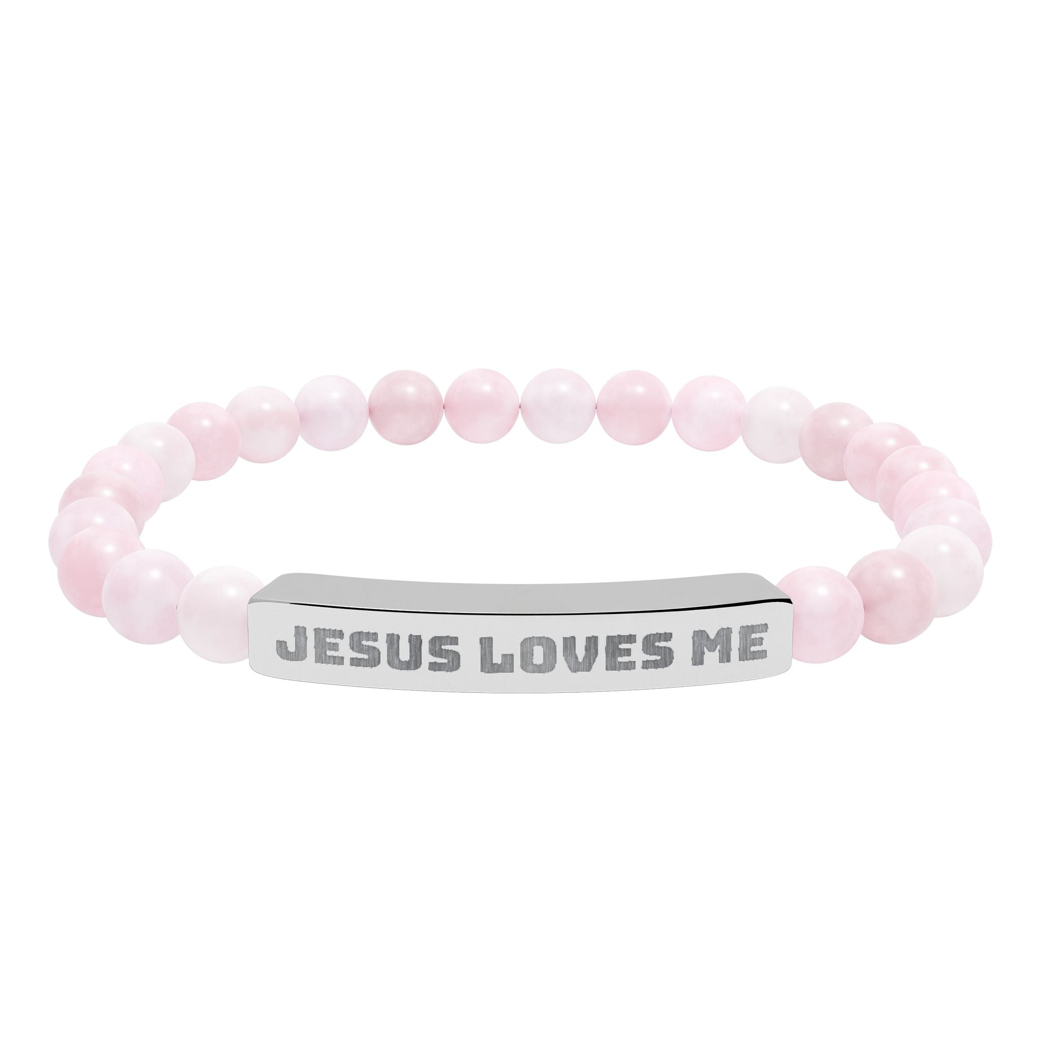 “Jesus Loves Me” Engraved Bracelet – Semi-Precious Stone - Stainless Steel Bar, No Coating