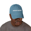 “Jesus Saves” Denim Hat – Hand-Embroidered Faith Design, Two Wash Options