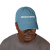 “Jesus Saves” Denim Hat – Hand-Embroidered Faith Design, Two Wash Options